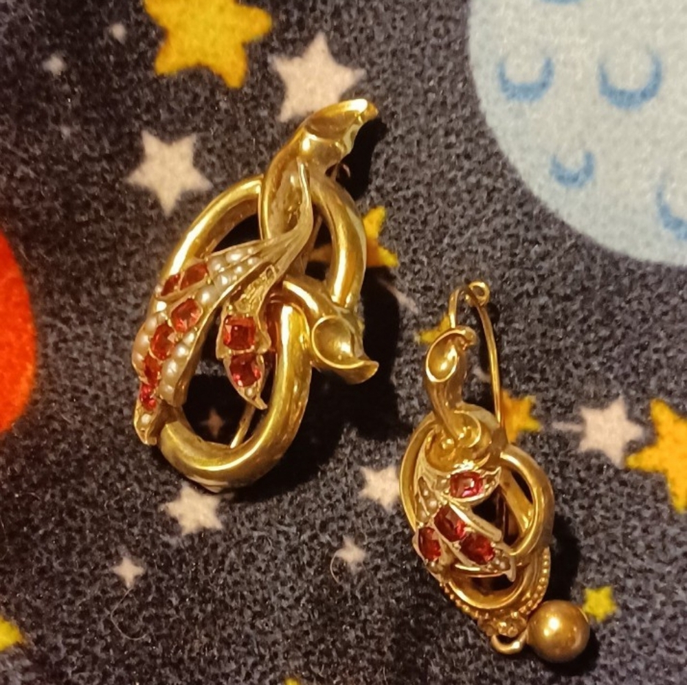 1790s 14K Seed Pearl Garnet French Regional Poissarde Earrings
